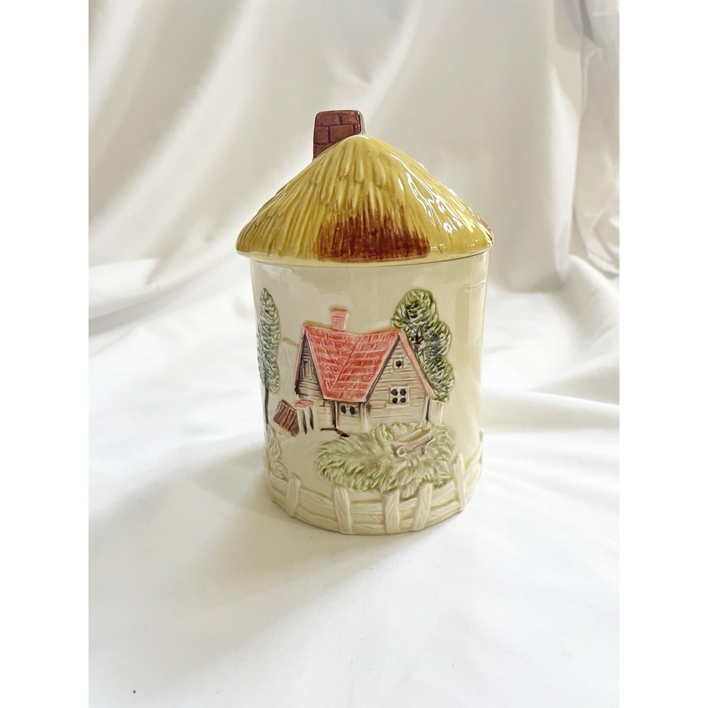 VINTAGE MARKS & ROSENFELD THATCHED ROOF BARN FARMHOUSE CANISTER 7"